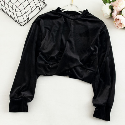 Μοντέρνα κοντή γυναικεία μπλούζα με οβάλ λαιμόκοψη και μακρύ μανίκι σε τέσσερα χρώματα