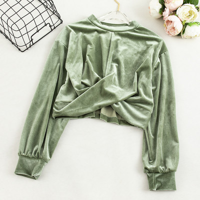 Μοντέρνα κοντή γυναικεία μπλούζα με οβάλ λαιμόκοψη και μακρύ μανίκι σε τέσσερα χρώματα