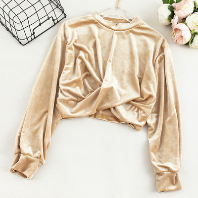 Μοντέρνα κοντή γυναικεία μπλούζα με οβάλ λαιμόκοψη και μακρύ μανίκι σε τέσσερα χρώματα