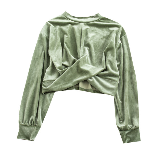 Μοντέρνα κοντή γυναικεία μπλούζα  με οβάλ λαιμόκοψη και μακρύ μανίκι σε τέσσερα χρώματα