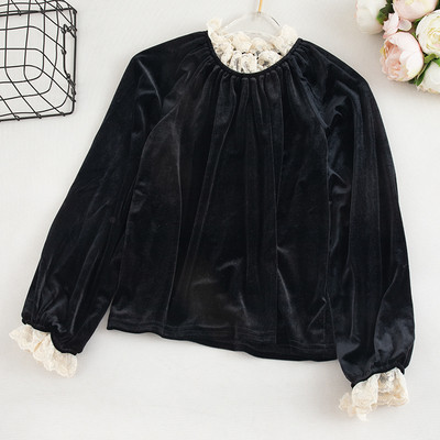 Bluză de damă modernă din catifea cu dantelă și mâneci lungi în mai multe culori