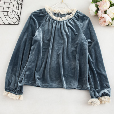 Bluză de damă modernă din catifea cu dantelă și mâneci lungi în mai multe culori