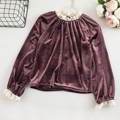 Bluză de damă modernă din catifea cu dantelă și mâneci lungi în mai multe culori