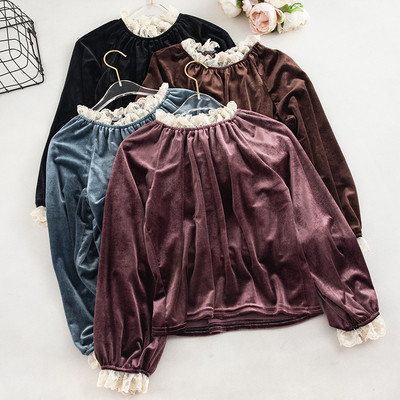 Bluză de damă modernă din catifea cu dantelă și mâneci lungi în mai multe culori