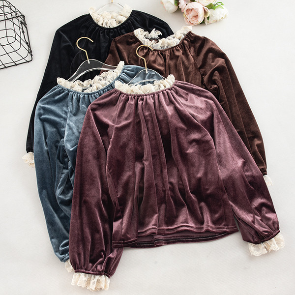 Bluză de damă modernă din catifea cu dantelă și mâneci lungi în mai multe culori