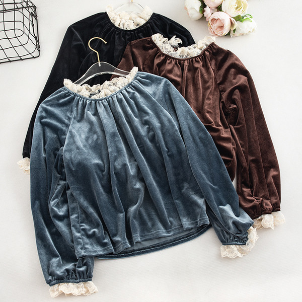 Bluză de damă modernă din catifea cu dantelă și mâneci lungi în mai multe culori