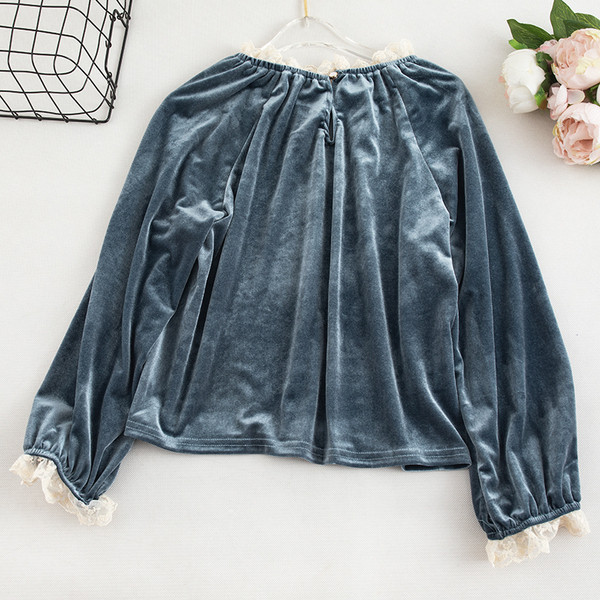 Bluză de damă modernă din catifea cu dantelă și mâneci lungi în mai multe culori