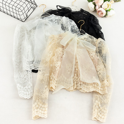 Cămașă de damă din dantelă cu panglică și mâneci lungi în mai multe culori