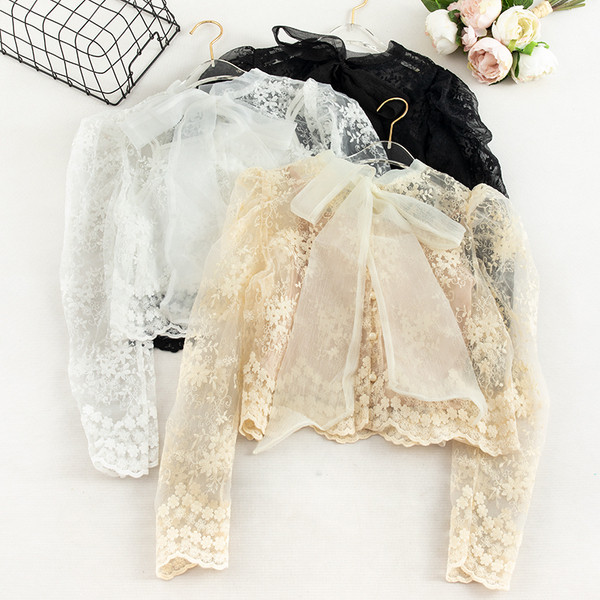 Cămașă de damă din dantelă cu panglică și mâneci lungi în mai multe culori