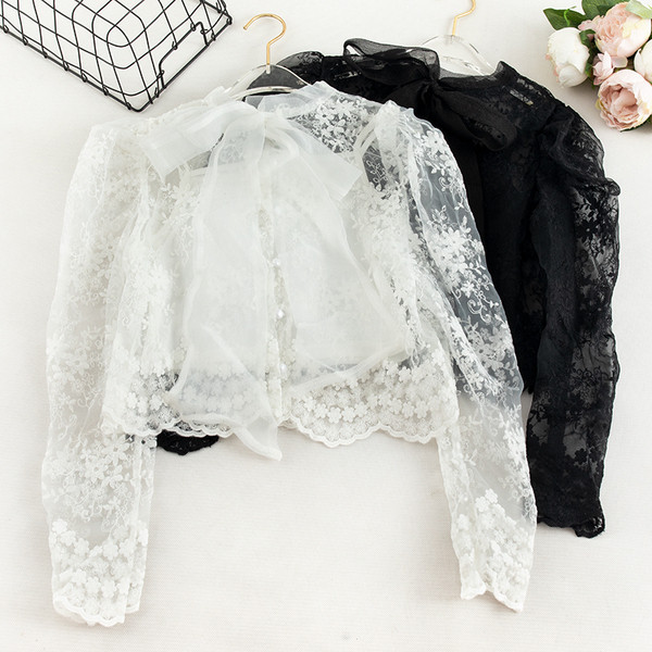 Cămașă de damă din dantelă cu panglică și mâneci lungi în mai multe culori