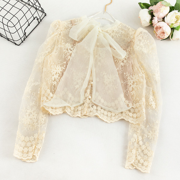 Cămașă de damă din dantelă cu panglică și mâneci lungi în mai multe culori
