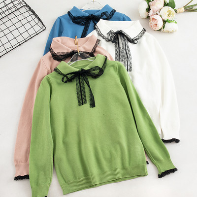 Casual γυναικείο πουλόβερ με κορδέλα και κολάρο σε διάφορα χρώματα