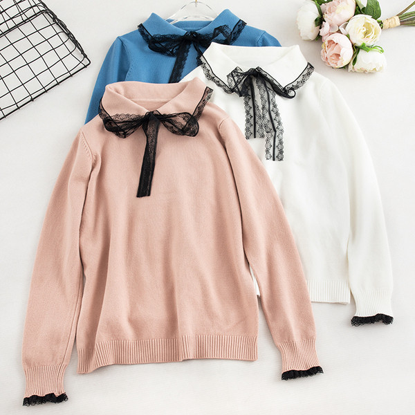 Casual γυναικείο πουλόβερ με κορδέλα και κολάρο σε διάφορα χρώματα