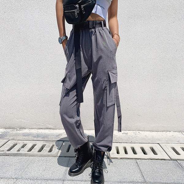 Νέο μοντέλο αθλητικό γυναικείο παντελόνι με ζώνη και τσέπες σε γκρι και μαύρο χρώμα