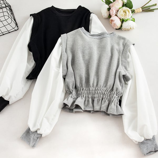 Μακρυμάνικη γυναικεία μπλούζα  με οβάλ λαιμόκοψη σε μαύρο και γκρι χρώμα