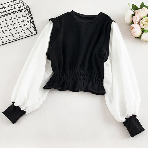 Μακρυμάνικη γυναικεία μπλούζα  με οβάλ λαιμόκοψη σε μαύρο και γκρι χρώμα