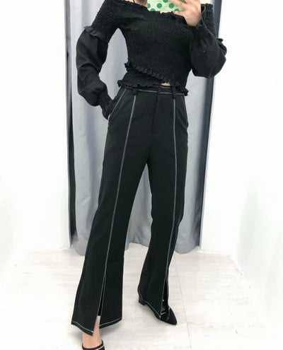 Дамски елегантен панталон с висока талия с цепки