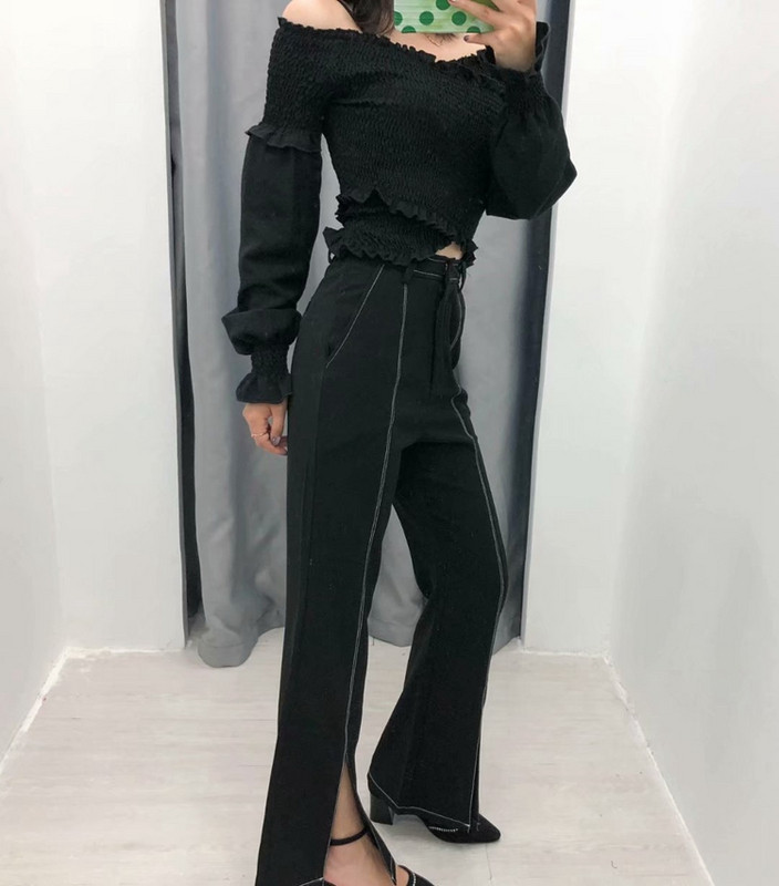 Pantaloni eleganti de dama cu talie inalta, cu crapaturi