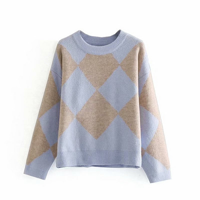 Γυναικείο ζεστό πουλόβερ με ωοειδές λαιμόκοψη σε μπλε χρώμα με μοτίβο