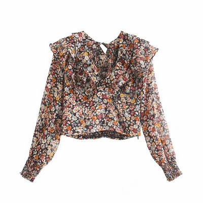 Γυναικεία κοντή μπλούζα με λαιμόκοψη με λουλούδια πριντ