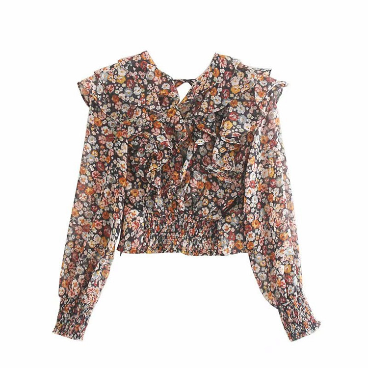 Γυναικεία κοντή μπλούζα με λαιμόκοψη με λουλούδια πριντ