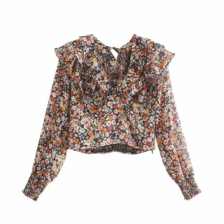 Γυναικεία κοντή μπλούζα με λαιμόκοψη με λουλούδια πριντ