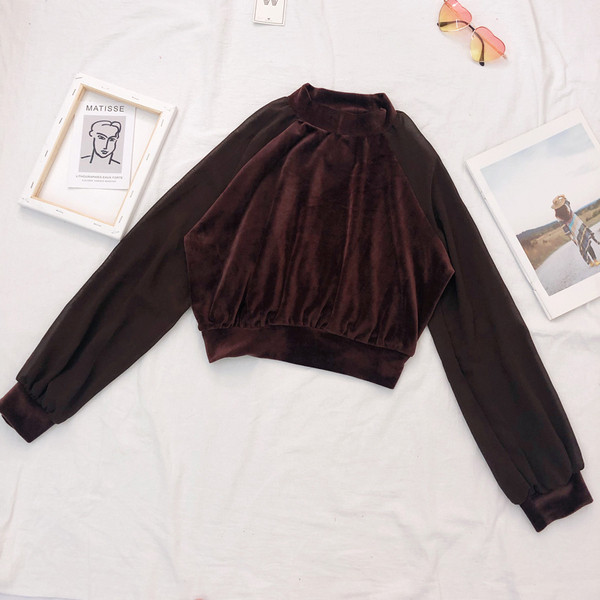 Bluză de damă elegantă din catifea, cu mâneci lungi și decolteu oval