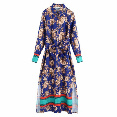 Rochie lunga de dama cu nasturi si cravate in talie - model colorat