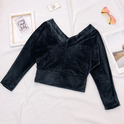 Γυναικεία κοντύ μπλούζ  με μακριά μανίκια και λαιμόκοψη