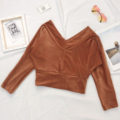 Γυναικεία κοντύ μπλούζ  με μακριά μανίκια και λαιμόκοψη