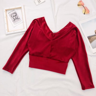 Γυναικεία κοντύ μπλούζ  με μακριά μανίκια και λαιμόκοψη