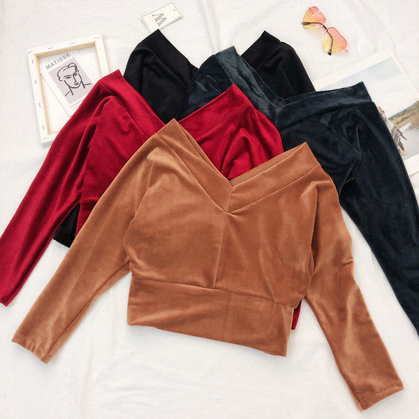 Γυναικεία κοντύ μπλούζ  με μακριά μανίκια και λαιμόκοψη