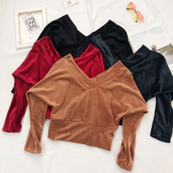 Γυναικεία κοντύ μπλούζ  με μακριά μανίκια και λαιμόκοψη