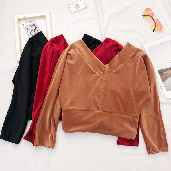 Γυναικεία κοντύ μπλούζ  με μακριά μανίκια και λαιμόκοψη