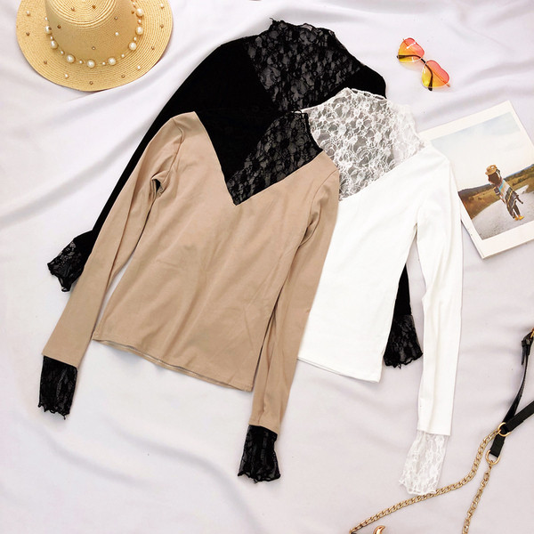 Γυναικεία καθημερινή μπλούζα με μακριά μανίκια και δαντέλα σε τέσσερα χρώματα