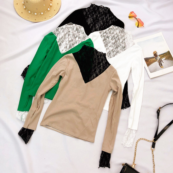 Γυναικεία καθημερινή μπλούζα με μακριά μανίκια και δαντέλα σε τέσσερα χρώματα