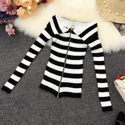 Γυναικεία ριγέ μπλούζα με μακριά μανίκια και φερμουάρ σε διάφορα χρώματα