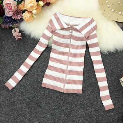 Γυναικεία ριγέ μπλούζα με μακριά μανίκια και φερμουάρ σε διάφορα χρώματα