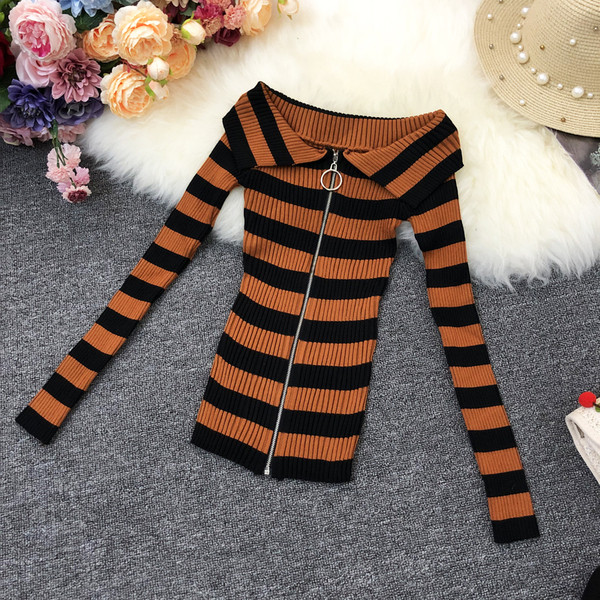 Γυναικεία ριγέ μπλούζα με μακριά μανίκια και φερμουάρ σε διάφορα χρώματα