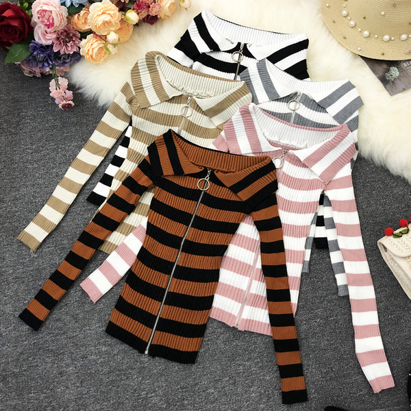 Γυναικεία ριγέ μπλούζα με μακριά μανίκια και φερμουάρ σε διάφορα χρώματα