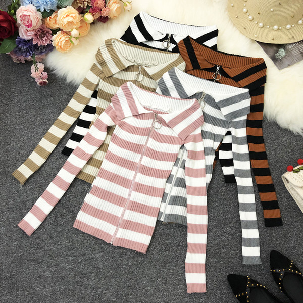 Γυναικεία ριγέ μπλούζα με μακριά μανίκια και φερμουάρ σε διάφορα χρώματα