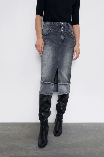 Fusta lungă casual din denim, cu fante și talie înaltă