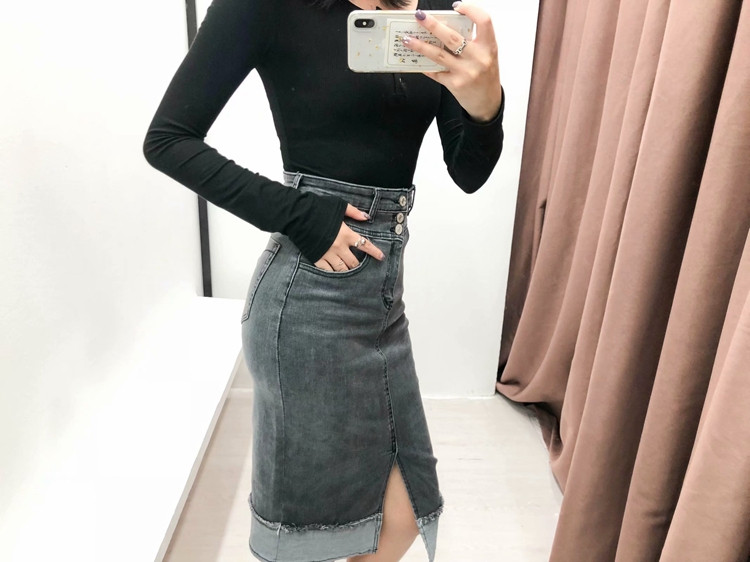 Fusta lungă casual din denim, cu fante și talie înaltă