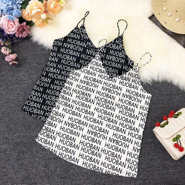 Maieu casual de damă, cu bretele subțiri, în alb și negru