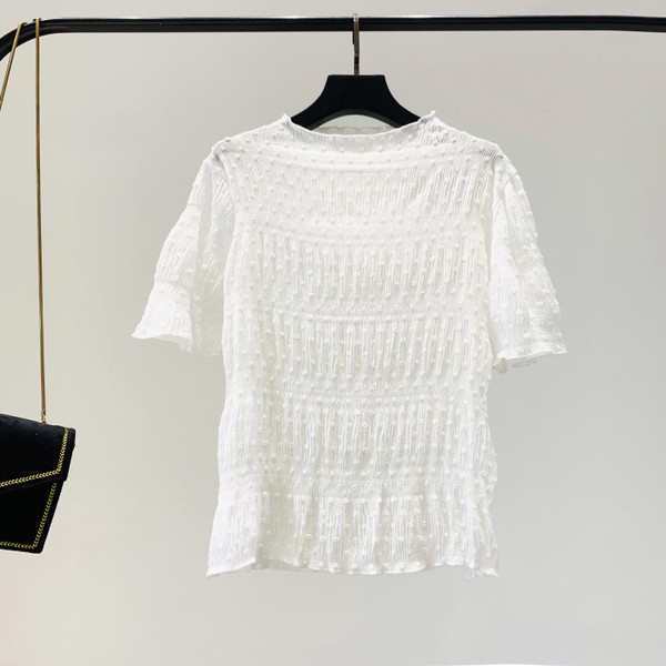 Bluză de damă cu decolteu rotund și mâneci scurte în alb-negru