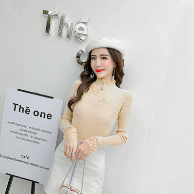 Modern női pulóver pólógallérral és csipkével sárga, bézs, rózsaszín és fekete színben