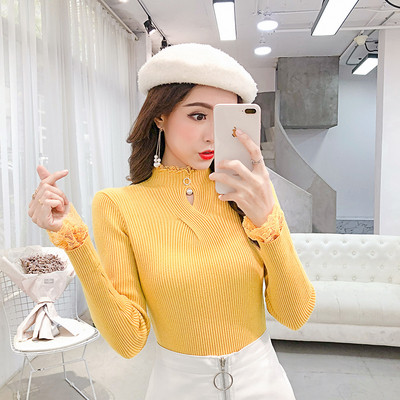 Modern női pulóver pólógallérral és csipkével sárga, bézs, rózsaszín és fekete színben