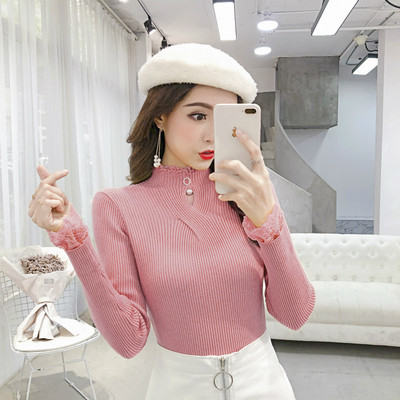 Modern női pulóver pólógallérral és csipkével sárga, bézs, rózsaszín és fekete színben