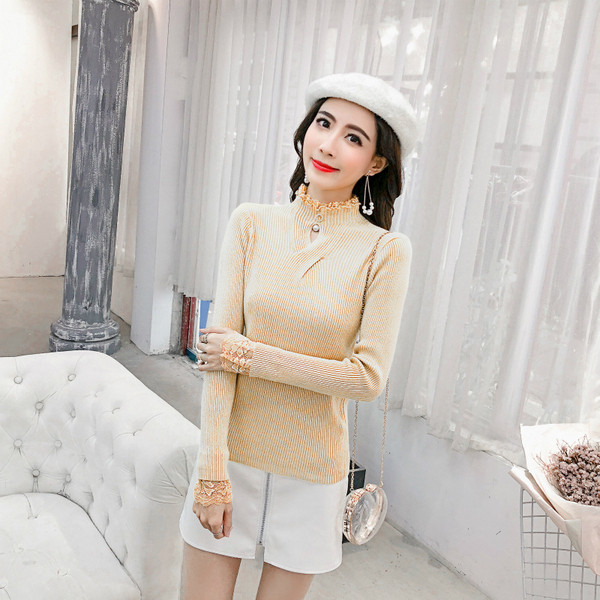 Modern női pulóver pólógallérral és csipkével sárga, bézs, rózsaszín és fekete színben