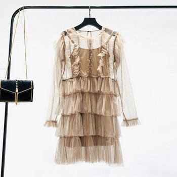 Γυναικείο μοντέρνο φόρεμα με τούλι σε μπεζ χρώμα